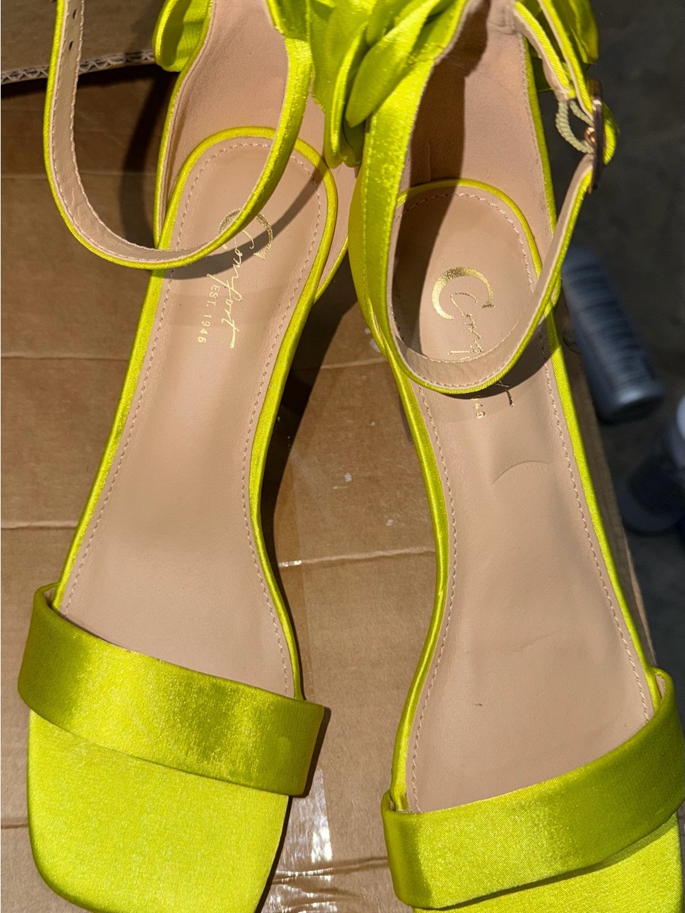 Cato Neon Lime Satin Ankle-Strap Heels